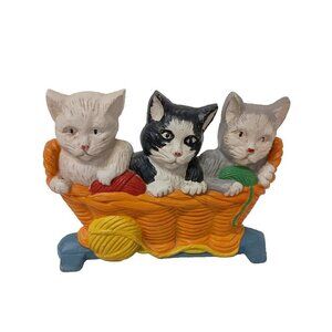 VTG Cast Iron Door Stop Three Little Kittens In Basket Hand Painted Mid Century